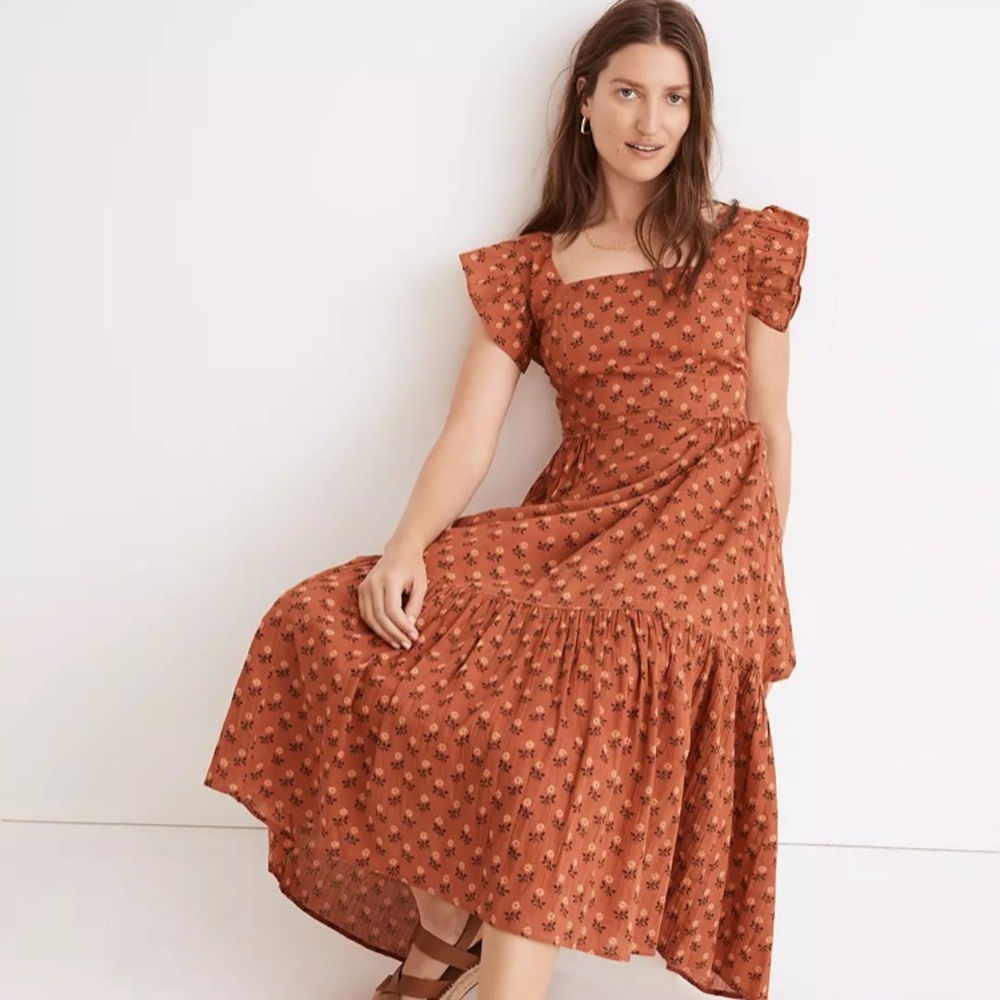 Madewell Ruffle-Strap Tiered Midi Dress in Wild Calendula Block-Print